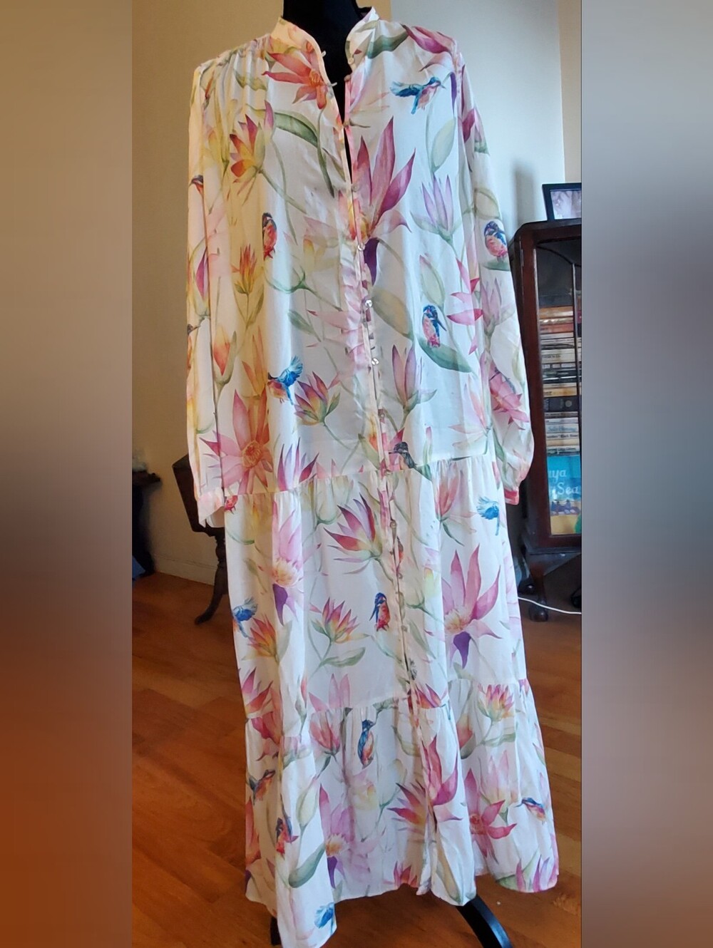 XL Floral Watercolor Maxi Dress W/ Tie Belt - White/Pink